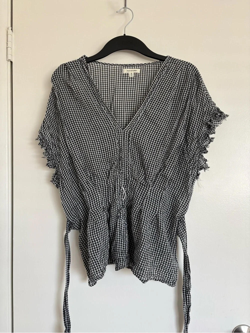 Max Studio Black White Gingham V-Neck Ruffle Sleeve Blouse